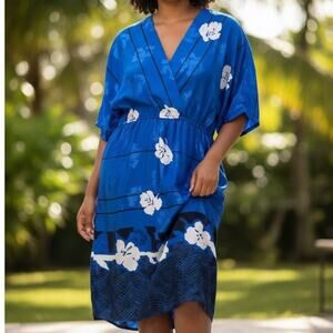 Vintage Size 12 Blue Tropical Floral Raoul Kimono Style Hawaiian Midi Print